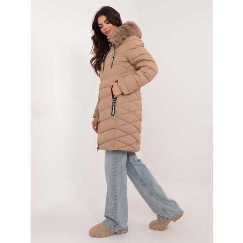 Fashionhunters Beige long winter jacket with hood Slike