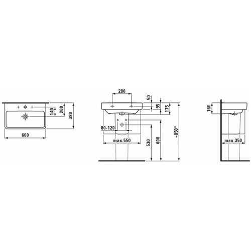 Laufen 8.1895.9.000.104.1 pro s white umivaonik (lavabo) 60x38x17,5 konzolni sa rupom za bateriju i prelivom Slike