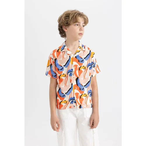 Defacto Boy's Oversize Fit Polo Neck Patterned Viscose Short Sleeve Shirt