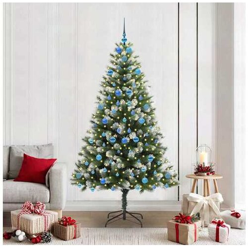 VidaXL Umjetno Božićno drvce s pokrivačem snijega 300 LED lampica - 210 cm s LED-ima i plavim kuglicama Slike