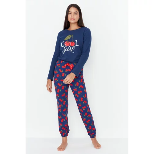 Trendyol Navy Blue Cherry Printed Knitted Pajamas Set