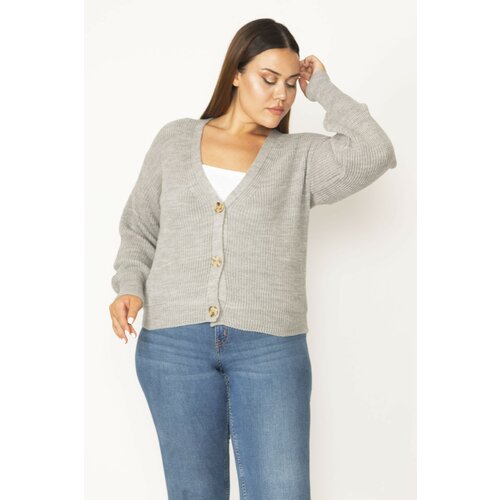 Şans Women's Plus Size Gray V-Neck Front Buttoned Knitwear Cardigan Slike
