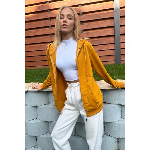 Trend Alaçatı Stili Women's Mustard Yellow Hooded Double Pocket Zipper Oversize Sweatshirt Slike