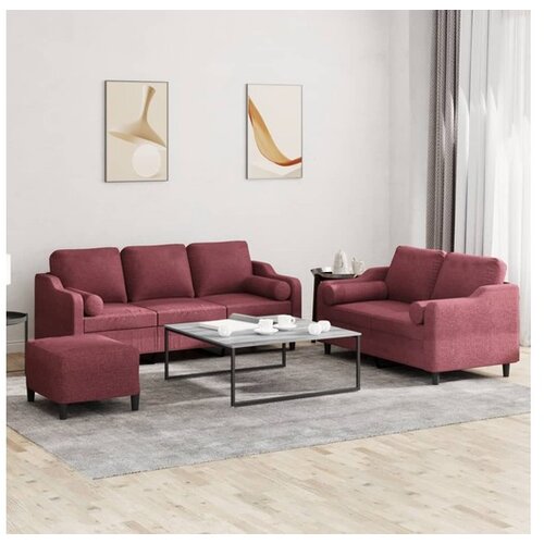 vidaXL 3-dijelni set sofa s jastucima crvena boja vina od tkanine - boja crnog vina s jastucima i tabureom Cijene
