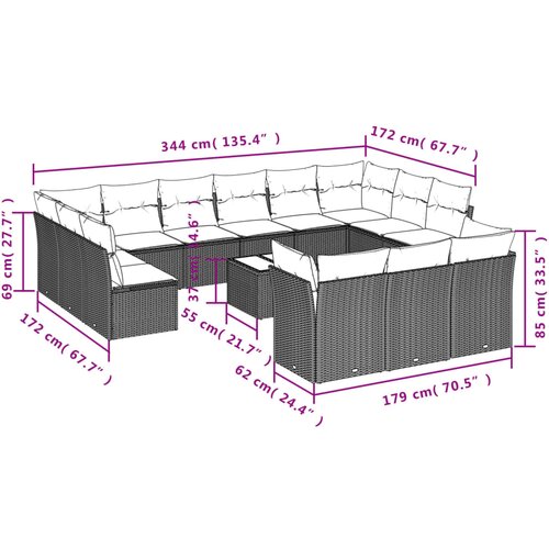  14-dijelni set vrtnih sofa s jastucima poliratan crni Crna Slike