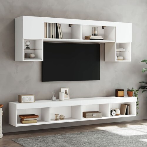  6-dijelni zidni TV elementi s LED svjetlima bijeli drveni Slike