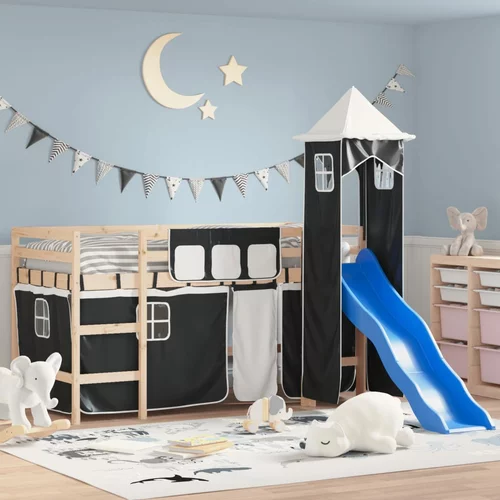 vidaXL Dječji krevet na kat s tornjem crno-bijeli 90 x 190 cm borovina