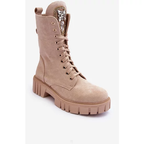 Kesi Beige Marx Suede Work Ankle Boots with Jewelry Decoration