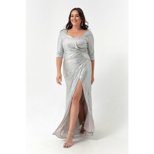 Lafaba Women's Gray Sequined Plus Size Evening Dress. Slike
