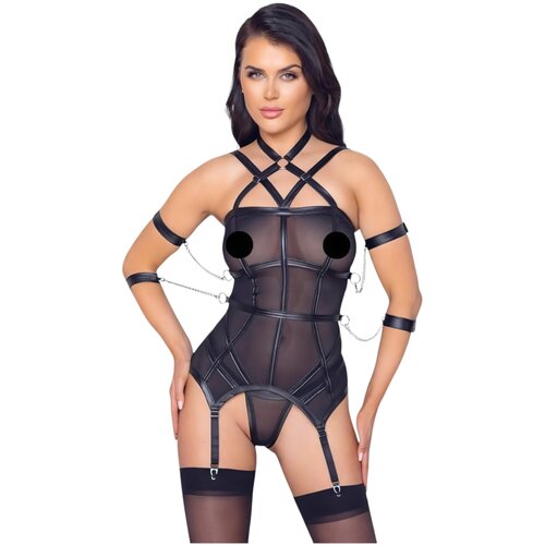 Cottelli Bondage - majica na naramenice s kopčama za ruke i tangama (crna) - M Slike