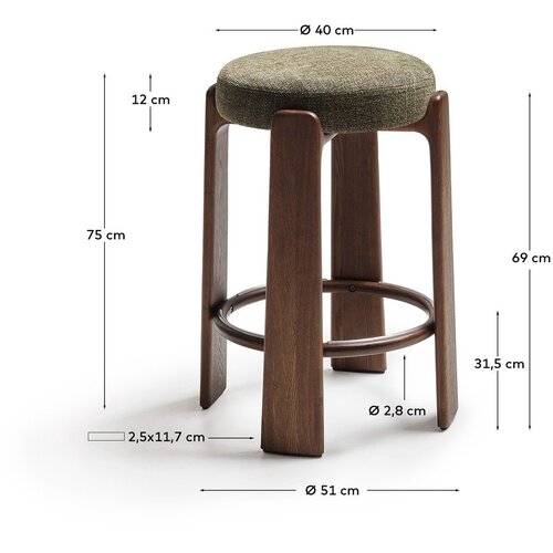 Kave Home Zelena/u tamnoj prirodnoj boji barska stolica od čvrste jeseni (visine sjedala 75 cm) Granite &amp;ndash; Slike