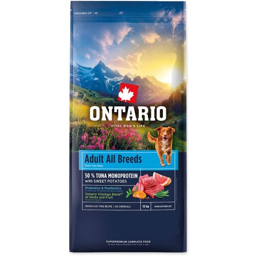 Ontario Adult All Breeds Monoprotein - tuna in sladki krompir 12 kg Cene
