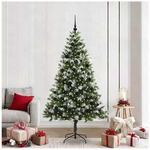 VidaXL Umjetno Božićno drvce s pokrivačem snijega 300 LED lampica - 210 cm s LED-ima i crnim kuglicama Slike
