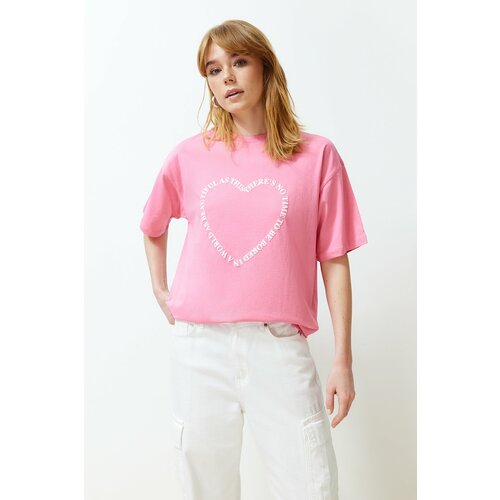 Trendyol Pink 100% Cotton Heart Motto Printed Oversize/Casual Fit Knitted T-Shirt Slike