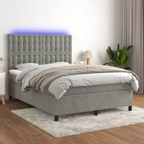 vidaXL Box spring postelja z vzmetnico LED sv. siva 140x190 cm žamet