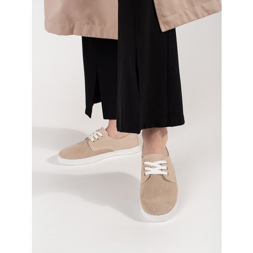 GOODIN Beige openwork sneakers made of natural leather Cene