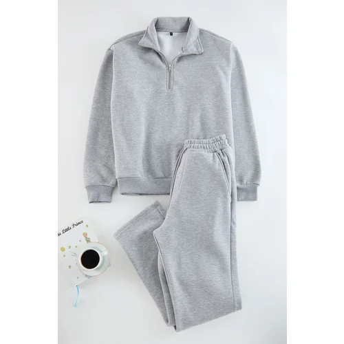 Trendyol Grey Oversize/Wide Cut Stand Collar Zippered Tracksuit