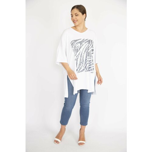 Şans Women's Plus Size White Sequin Embroidered Crew Neck Blouse with Side Slit Slike
