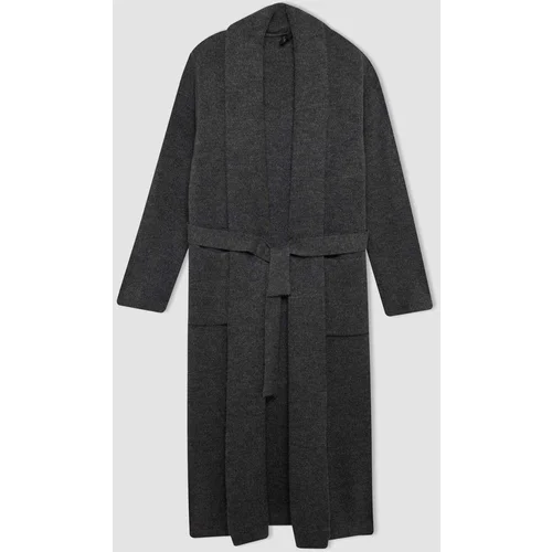 Defacto Relax Fit Shawl Collar Belted Long Cardigan