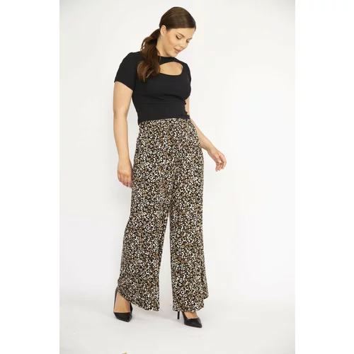 Şans Women's Brown Plus Size High Waist Viscose Trousers with Elastic Waist, Side Pockets, and Lycra.