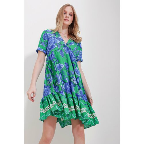 Trend Alaçatı Stili women's green v-neck skirt flounce viscose dress Cene