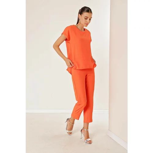 By Saygı Trousers with Pockets, Openwork Legs, darts Suit Coral
