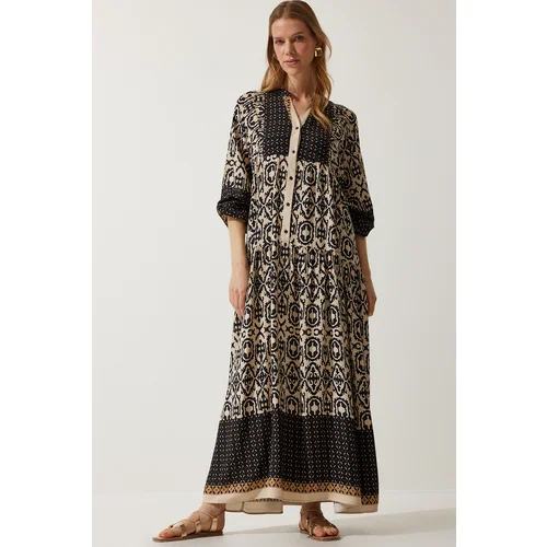  Women's Black Beige Patterned Oversize Summer Viscose Dress