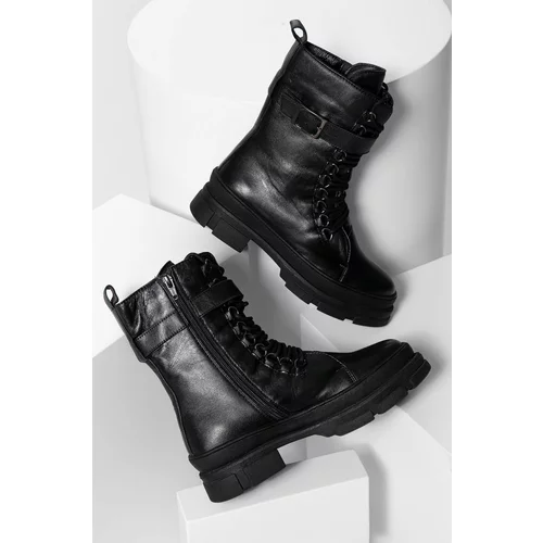 Answear Lab Kožne čizme za žene, boja: crna, ravna potpetica