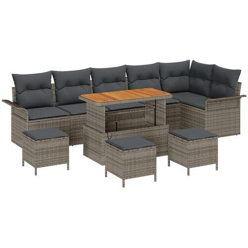 vidaXL 10-dijelni vrtni sofa set s jastučićima sivi poli ratan akacija, dvosjedni vrtni sofa s skladištem i jastučićima sivi poli ratan, 4-dijelni vrtni set za objedovanje s jastučićima sivi poli ratan akacija Cene
