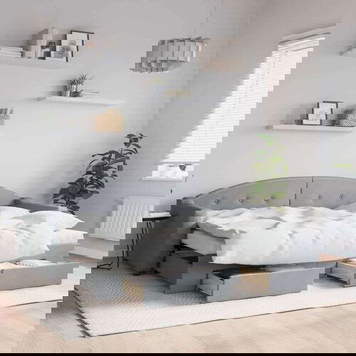  Izvlečna dnevna postelja s predali svetlo siva 80x200 cm blago Slike