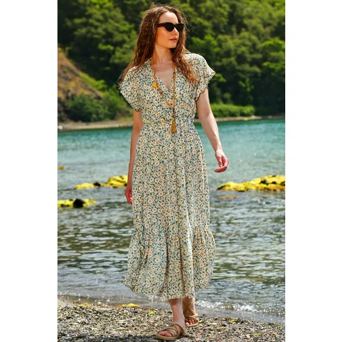 Trend Alaçatı Stili Women's Mint Floral Patterned Double Breasted Maxi Length Dress