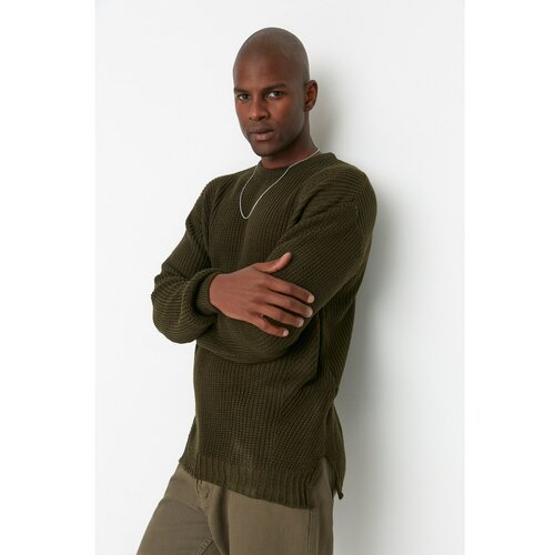 Trendyol Khaki Men's Oversize Fit Wide Fit Crew Neck Slit Knitwear Sweater Slike