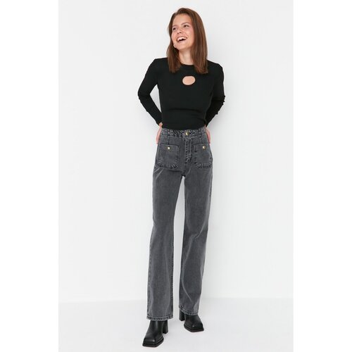 Trendyol Black Button Detailed High Waist 90's Wide Leg Jeans Slike