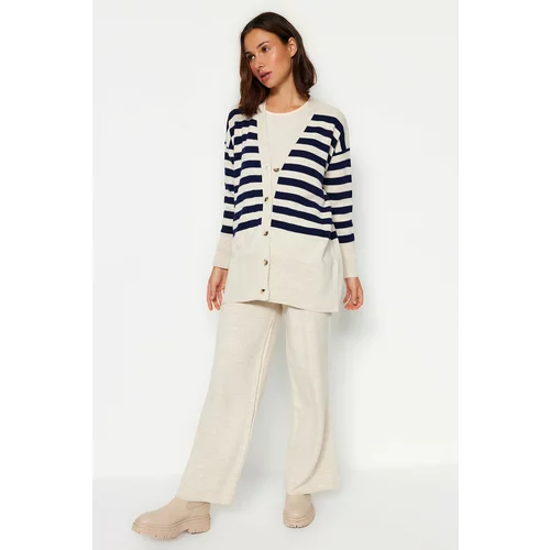 Trendyol Beige Button Detailed Jacquard Stripe Knitwear Cardigan Trousers Top-bottom Set