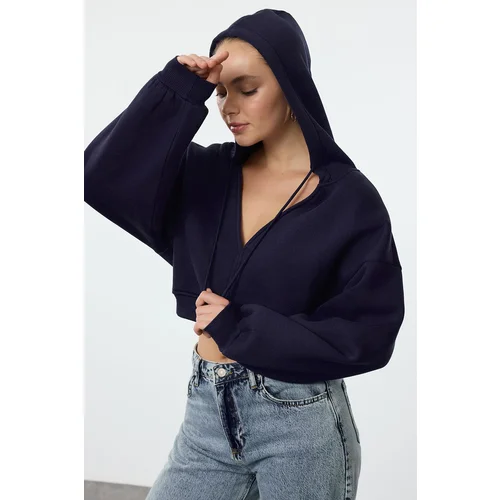 Trendyol Navy Blue Thick Fleece Hooded V-Neck Relaxed Cut Crop Knitted Sweatshirt