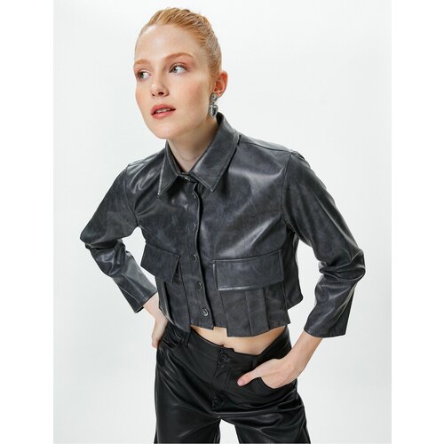 Koton Crop Faux Leather Shirt Vintage Look Long Sleeve Slike