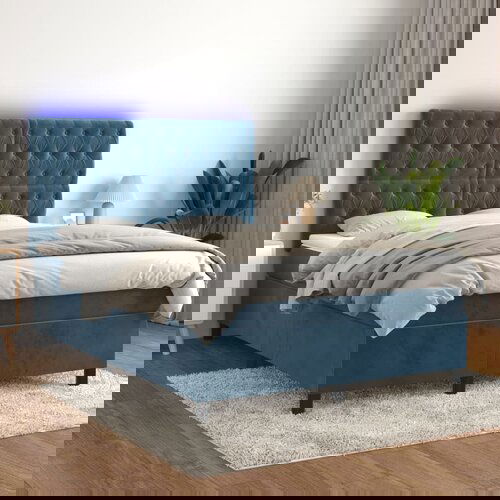 VidaXL Box spring postelja z vzmetnico LED temno modra 140x190cm žamet Slike