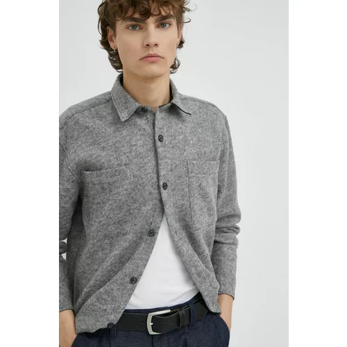 Bruuns Bazaar Volnena srajca Wool Reeves moška, siva barva
