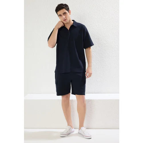 Trendyol Navy Blue Regular/Normal Cut Zippered Polo Collar-Cargo Pocket Tracksuit