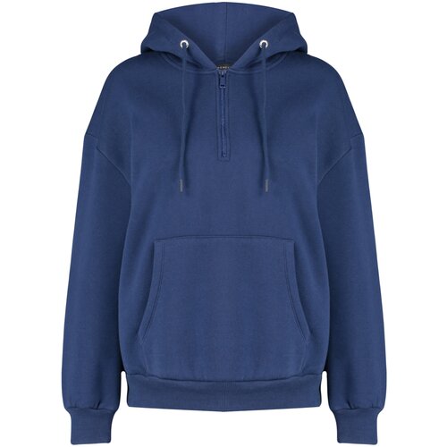 Trendyol Navy Blue Thick Fleece Hooded and Zippered Basic Oversized Knitted Sweatshirt Slike