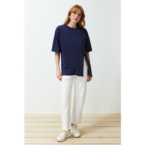 Trendyol navy blue 100% single jersey relaxed/comfortable fit asymmetric knitted t-shirt Slike