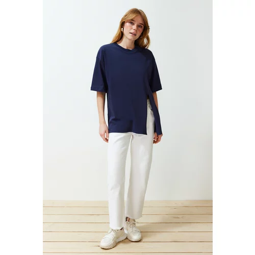 Trendyol Navy Blue 100% Single Jersey Relaxed/Comfortable Fit Asymmetric Knitted T-Shirt
