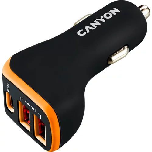Canyon C-08, Universal 3xUSB car adapter, Input 12V-24V, Output DC USB-A 5V/2.4A(Max) + Type-C PD 18W, with Smart IC, Black+Orange with rubber coating, 71*39*26.2mm, 0.028kg - CNE-CCA08BO