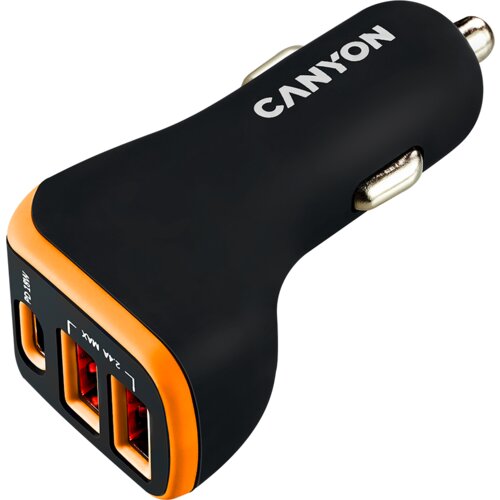 Canyon Universal 3xUSB car adapter, Input 12V-24V, Output DC USB-A 5V/2.4A(Max) + Type-C PD 18W, with Smart IC, Black+Orange with rubber coating, 71*39*26.2mm, 0.028kg Slike