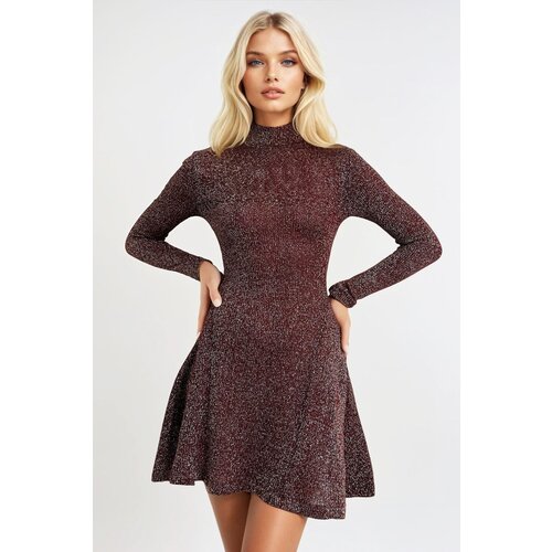 Trend Alaçatı Stili Women's Burgundy Half Turtleneck Silvery Knitted Midi Length Flared Dress Slike