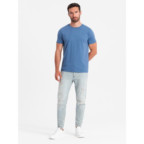 Ombre Men's cotton T-shirt with fine embroidery - dark blue Cene