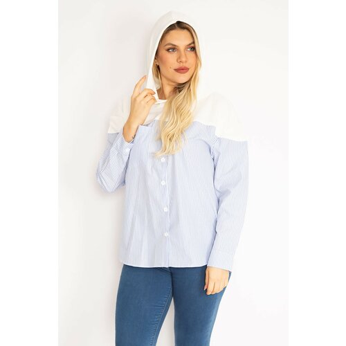 Şans Women's Plus Size Blue Front Buttoned Hooded Sports Shirt Tunic Slike