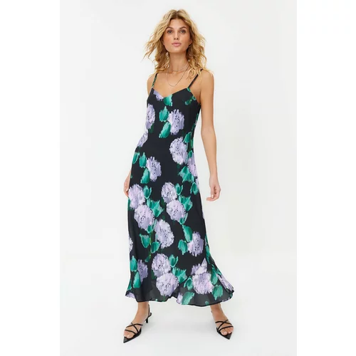 Trendyol Black Floral Strappy Shift/Straight Cut Satin Maxi Lined Woven Dress