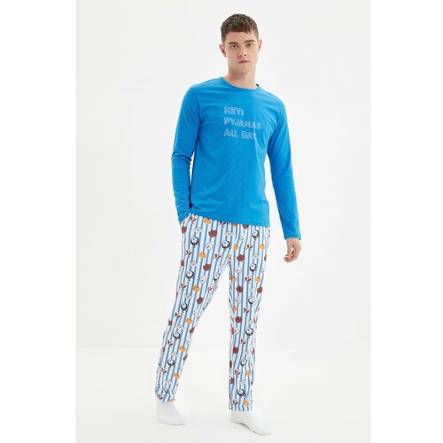 Trendyol dark blue men's regular fit printed pajamas set Slike