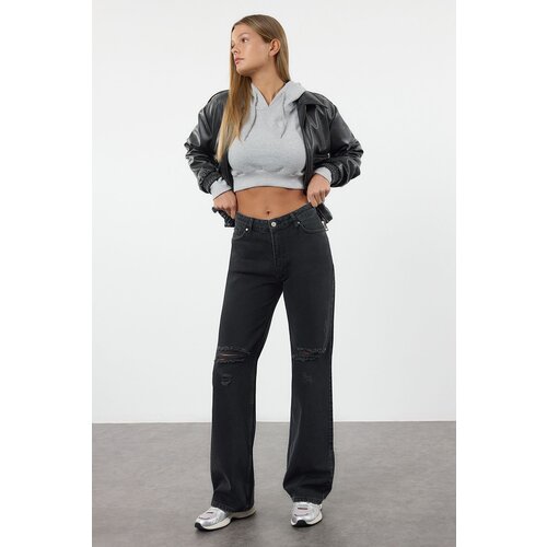 Trendyol Black Faded Effect Vintage Ripped Detail Low Waist Wide Leg Jeans Slike
